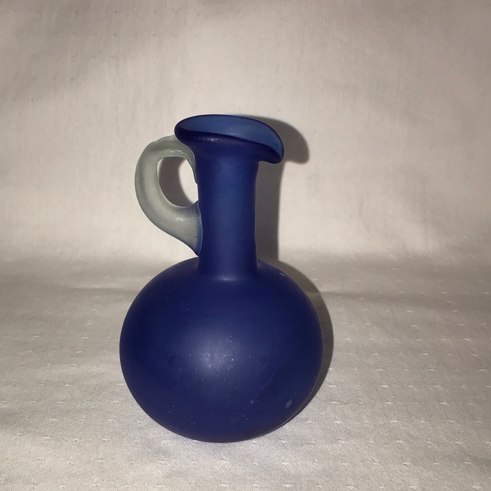 Vintage Small Frosted Cobalt Blue Pitcher with Frosted Handle